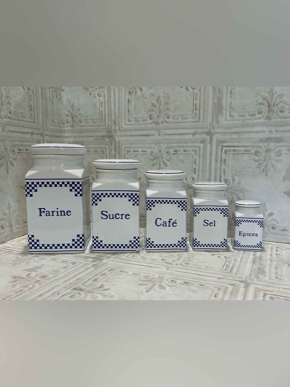 Antique French blue and white kitchen canisters